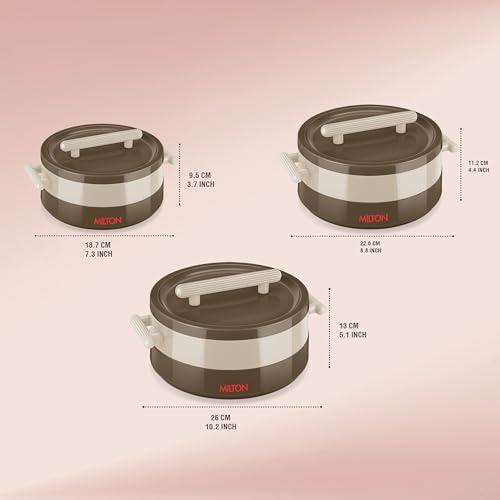 Image of MILTON Valenza Insulated Inner Stainless Steel Jr. Casserole Set | Hot Box for Kitchen, Keeps Food Hot & Fresh for Roti, Biryani |Durable Serving Bowls With Lids Set of 3 (400ml, 750ml, 1250ml),Brown