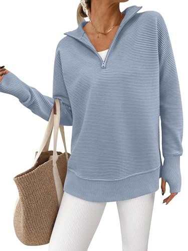 PRETTYGARDEN Womens Long Sleeve Quarter Zip Pullover Sweater Casual Loose V Neck Collared Ribbed Knit Jumper Tops Thumb Hole(Grey,Small)