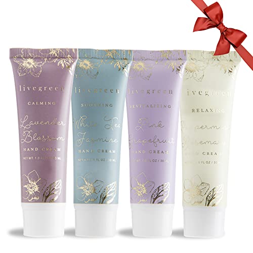 Live Green 4 Piece Hand Cream Collection- Aromatherapy Moisturizing Travel Size Hand Lotions in Lavender Blossom, White Tea Jasmine, Pink Grapefruit, and Peppermint Rosemary