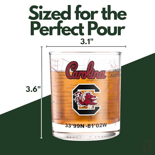 Image of Greenline Goods University of South Carolina Gamecocks Whiskey Glasses Set of 2, 10 oz Rocks Glasses with Full-Color Logo & Campus Map - Officially Licensed Bourbon Glass Gift for Alumni & Fans