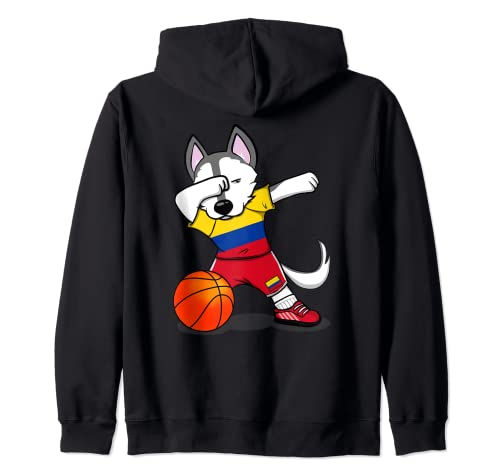 Dabbing Husky Colombia Basketball Fans Jersey Colombian Flag Zip Hoodie, Black