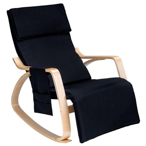 Gremium Poltrona Dondolo Con Seduta Ergonomica In Tessuto, Doppio Cuscino Imbottito, Struttura Allungabile In Legno Con Braccioli E Poggiapiedi Regolabile In 3 Posizioni