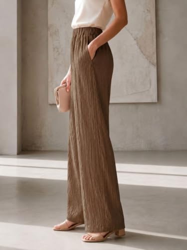 Image of Women's High Waist Wide Leg Trousers | Textured Crinkle Palazzo Pants | Elastic Waist Casual Formal Office Wear Trousers | Comfortable Lightweight Bottom Wear for Women