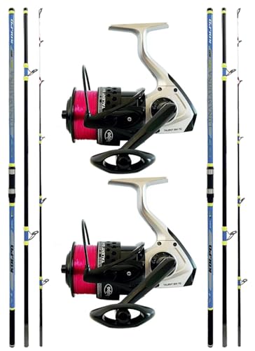  Combo Pesca Surf Casting 2 Canne in Carbonio 2 Mulinelli con Filo
