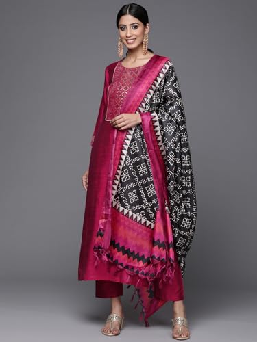 Image of Varanga Women Solid Silk Blend Kurta Trouser Set | Woven Yoke Design | 3 /4 Sleeve | Elastic Waist | Casual Wear