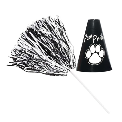 Anderson's Exclusive Black and White Paw Pride Shaker Pom Poms Megaphone Noisemaker Set School Spirit Cheerleader Sports Fan Football Homecoming Squad Team Party Dance Club Pack of 48