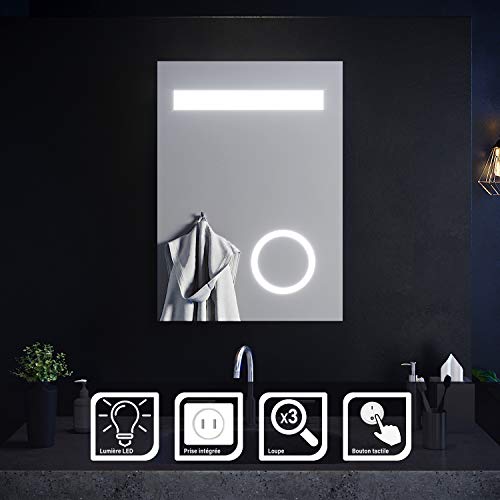 SIRHONA Miroir Salle de Bain 70x50 cm Miroir LED AVCE Grossissant 3 Fois+ Prise Rasoir et éclairage intégré Blanc Froid