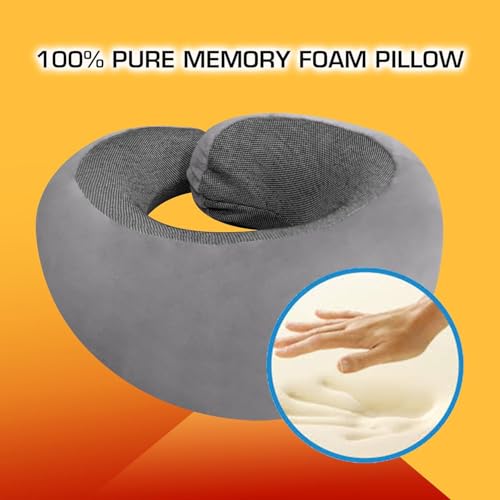 Image of Billebon Memory Foam Travel Neck Pillow with Magnetic Fabric Luxury Neck Support Pillow for Comfortable Travel, Washable Removable Cover (Grey with Eye Mask)