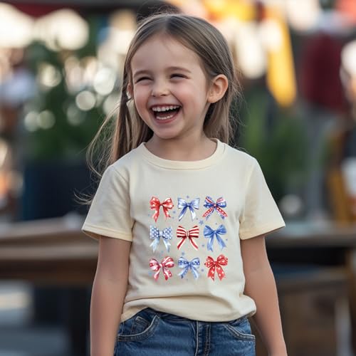 Image of Girl American Flag Shirts Bow Tshirt 4th of July Shirt Cotton Short Sleeve Tees 2-12 Years