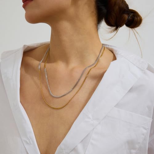 Stackable Chains Women 18K Plated Box Cuban Paperclip Layered Chain Choker Necklace Gold Silver Multi Chain Mixed Metal Stack Chains Set for Women3