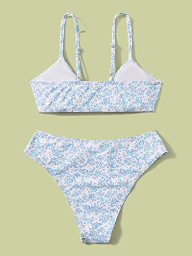 Oyoangle Girl's 2 Piece Ditsy Floral Bikini Swimsuit Ring Linked Ruched Bathing Suit Blue 12-13Y #TOP1