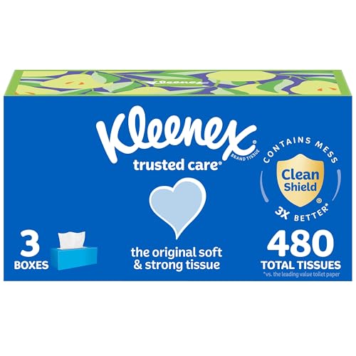 kleenex trusted care facial tissues 3 flat boxes 160 tissues per box 2-ply 480 total packaging may vary