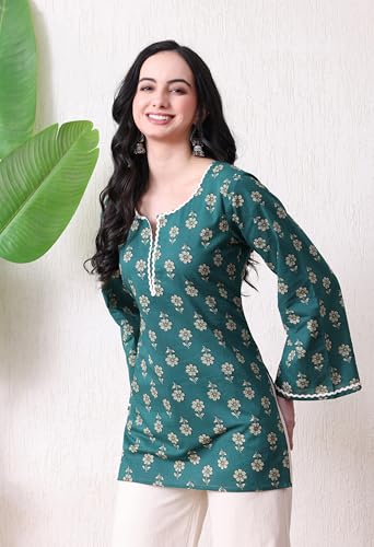 Image of MEERA FAB Women's Floral Printed Cotton Short Kurta | Floral Printed Kurta with Bell Sleeves | Short Kurti for Women