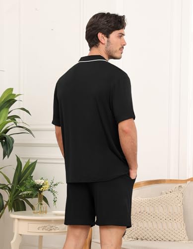Matching Pajamas Set for Couples Women Men Short Sleeve Sleepwear Button Down 2 Pcs Pjs Sets Loungewear,Black-L3