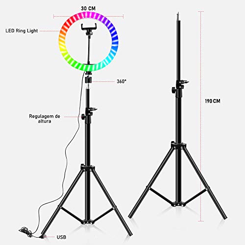 Iluminador Ring Light 30 cm RGB Tripé + Suporte Popsocket CBRN15436