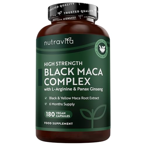 Nutravita Maca Root Capsules 5000mg (High Strength) 180 Vegan Black Maca Capsules (6 Month Supply) Not Tablets 100% Peruvian Maca with L-Arginine Panax Ginseng & Black Pepper Made in UK