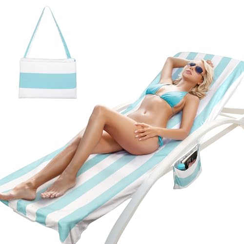 Catalonia Lounge Chair Towel Cover with Fitted Top Pocket Large Quick Dry Beach Chair Covers No Sliding Chaise Cover Towel for Outdoor Travel Pool Patio Sunbathing 78 x 31 in Mint Green Stripe