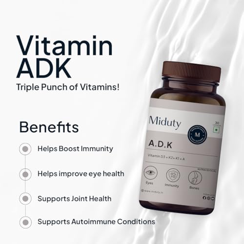 Image of Miduty Vitamin ADK Multivitamin Contains Vitamin A - D3 - K1 - K2 Immunity Booster, Bone Strength, Healthy Heart Vitamin ADK Supplement For Men and Women - 30 Capsules