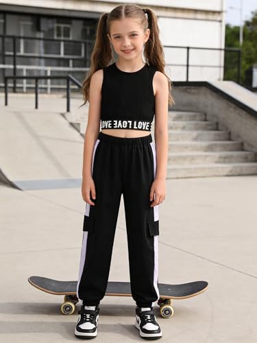 Image of Girls 2 Piece Outfit Set for Tween Girls, Sleeveless Crop Tank Top & Cargo Pants Jogger Set