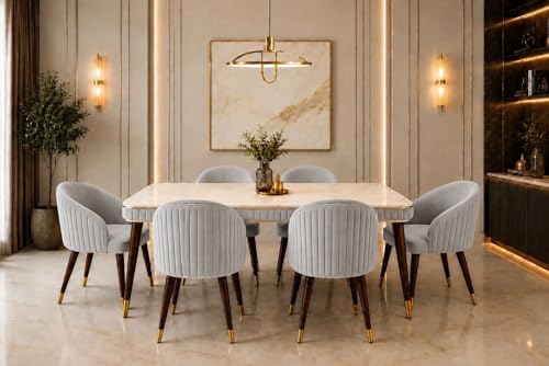 Image of WOODEN SPACE 6-Seater Wooden Dining Table Set | Nano Composite Marble Top | Solid Wood Base | Modern Dining Room Furniture with 6 Chairs (Light Grey MJ Backline)
