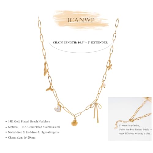 Charm Necklace for Women 14K Gold Plated Shell Cowgirl Boot Horseshoe Bow Heart Pendant Necklace Beach Western Jewelry4