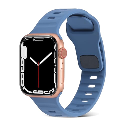 YOUULAR Square Buckle Horizontal Stripe Silicone Strap for Apple Watch Bands 42/44/45/49MM, Quick Release Replacement Wristband Band Watch Accessory for Apple Watch Series 7/1/2/3/4/5, Light Blue
