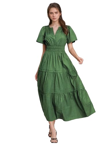 Image of ShallWe Women's Basic Plain Summer Dress Casual Long Maxi Short Sleeve Layered Cotton V Neck A Line Fashion Travel