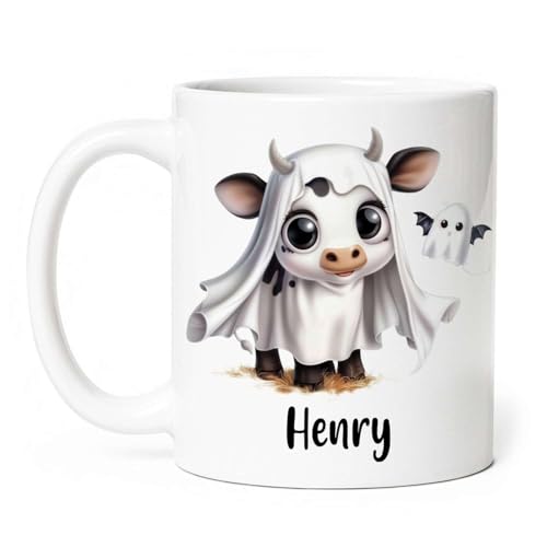 Cute Personalized Name On Cow Ghost Coffee Mug, Gift For Kids On Halloween, Customized Dairy Cow Themed Cup, White Mug With Ghost Design, Funny Custom Halloween Ceramic Mug 11oz -  FABGIFT