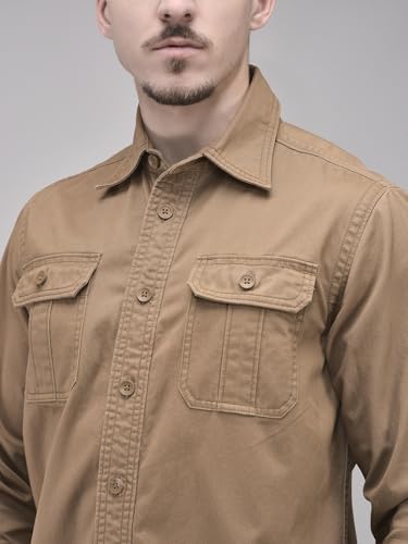 Image of Woodland Men's Camel Solid Casual Shirt | 100% Cotton Regular Fit Button-Down Shirt with Cutaway Collar & Flap Pockets | Office Wear & Weekend Casual