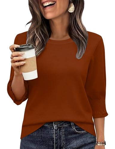 Totatuit Womens Dressy Fall Sweater 3/4 Pleated Sleeve Tops for Women 2026 Crew Neck Pullover Fit Sweater Caramel Medium