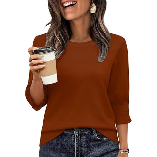 Totatuit Women 3/4 Pleated Sleeve Sweaters Casual Crew Neck Lightweight Knit Sweater Top Loose Basic Business Clothes Caramel X-Large
