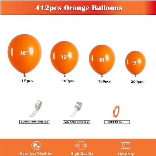 Image of 412pcs Orange Balloons 18 12 10 5 Inch Orange Balloon Garland Arch Kit Different Sizes Matte Latex Balloons for Baby Shower Christmas Birthday Festival Happy Fall-Themed Parties Party Decoration