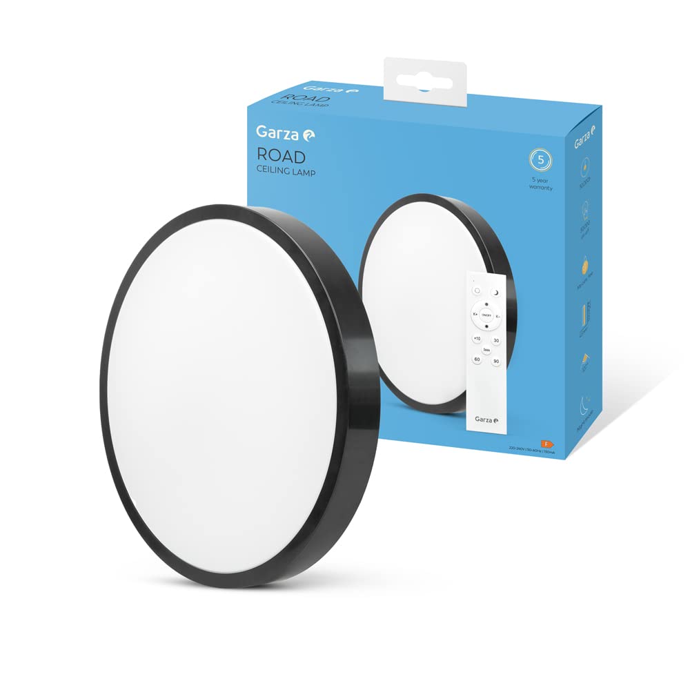Garza - Plafón LED Techo con Control Remoto, 24 W 2500 lm, Intensidad y Temperatura de Color Regulables 2700K-6500K, Impermeable IP44, Temporizador de Apagado, Redondo 295 x 65 mm, Negro