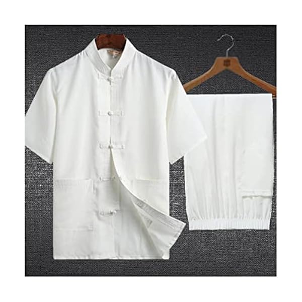 zacht Kung Fu Pak Traditionele Chinese Kleding Set Man Oosterse Tai Chi Shirt met korte mouwen Linnen Casual Trainingskostuums (Wit 39(165))