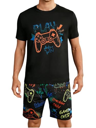 Image of Verdusa Men's Pajamas Set 2 Piece Pjs Sets Short Sleeve Letter Print Tee and Short Lounge Set