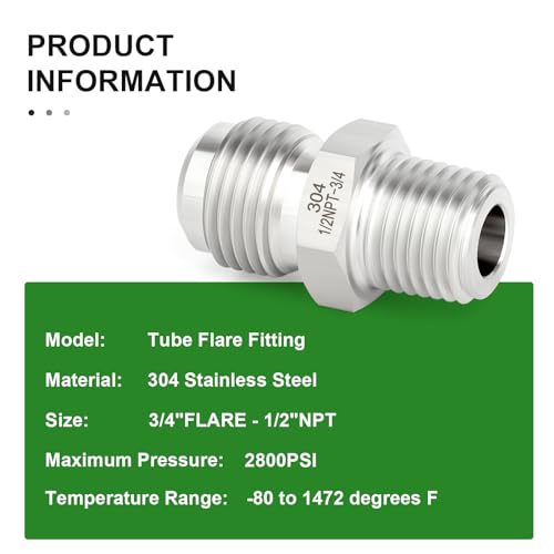 Image of TAISHER 5PCS Forging of 304 Stainless Steel Tube Flare Fittings, 3 /4 inch Male Flare x 1 /2 inch NPT Male, Half Union