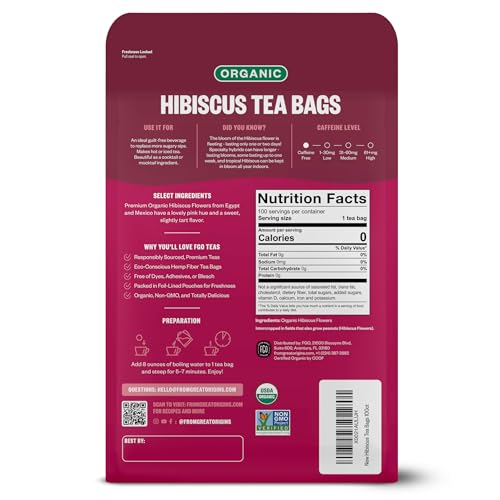 Image of FGO Organic Hibiscus Tea, 100 Count, Eco-Conscious Tea Bags, Caffeine Free, Packaging May Vary (Pack of 1)