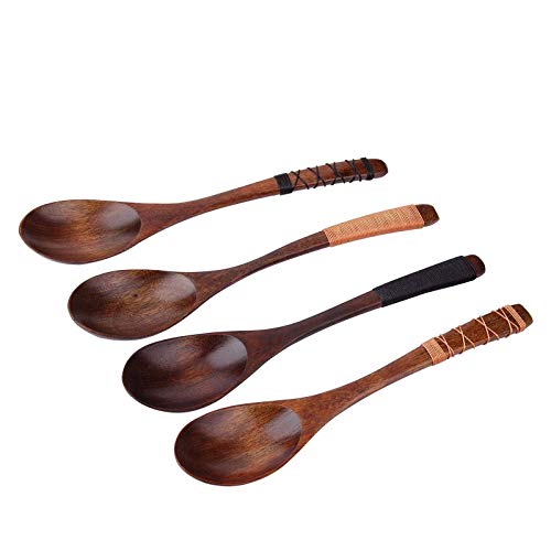 4pc-Handmade Japanese Style Wooden KidsAdult Soup Spoons with Tied Line on Handle