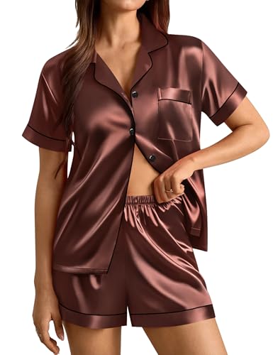 Image of SWOMOG Womens Silk Satin Pajamas Set Short Sleeve Sleepwear Button Down Top and Shorts Loungewear 2 Piece Pjs Set XS-3XL