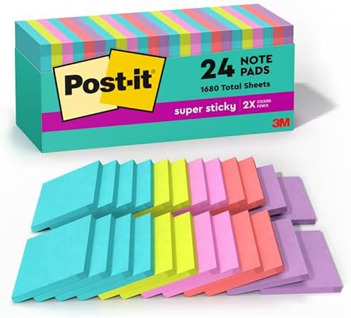 Post-it Super Sticky Notes, 3" x 3", Miami Collection, 24 Pads per Pack, 70 Sheets per Pad (654-24SSMIA-CP)