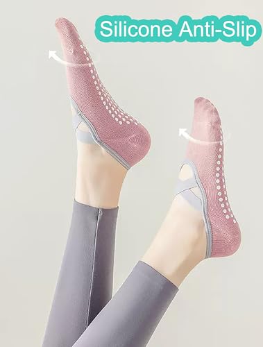 2 Pairs Women Yoga Socks US 5.5-9 Non-Slip Grips Straps Pilates2