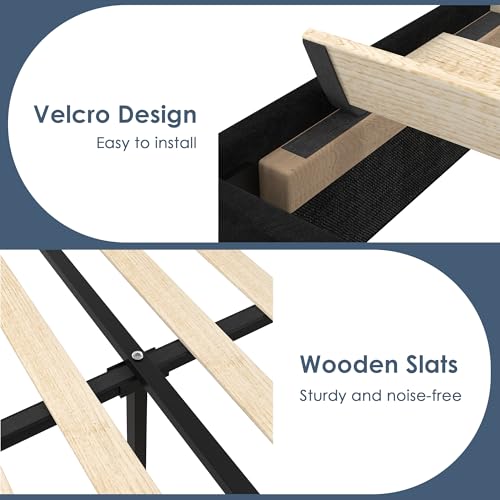 Image of VECELO King Bed Frame with Rivet-Tufted Headboard & Footboard, Upholstered Platform Bed with Wood Slats Support, No Box Spring Needed, Noise-Free, Easy Assembly, Black