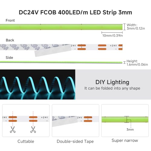 Image of BTF-LIGHTING Ice Blue 3mm Width Ultra Thin FCOB COB LED Strip,UL Listed Super Narrow Uniform Light,16.4FT DC24V CRI90+ LED Tape Light for Home Indoor DIY Lighting(No Adapter or Controller)