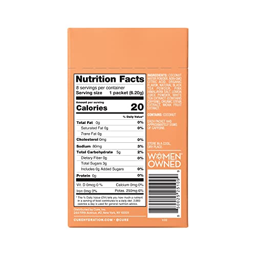 Cure Peach Tea Energizing Hydration Mix - Natural Energy Drink With Electrolytes And Caffeine | Made With Coconut Water | No Added Sugar | Vegan | Paleo Friendly | Box Of 8 Energy Packets - Peach Tea #TOP1
