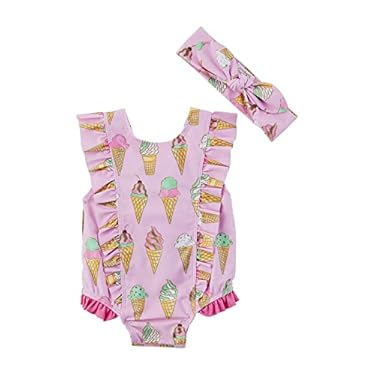 AMAZON - Mud Pie Girls Baby One Piece Swimsuit and Headband Set, Ice Cream, 2T