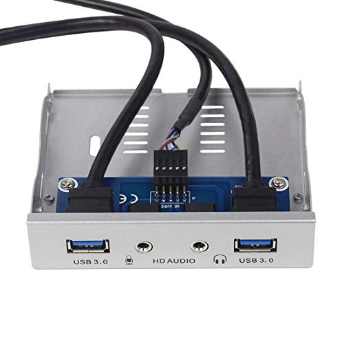 JMT 2Ports USB3.0 PC Front Panel Bracket 3.5 Floppy Bay 19Pin to USB 3.0 Hub HD Audio Earphone Mic Connector with Cable for Desktop (Silver White)