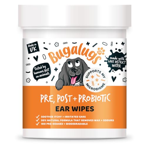 BUGALUGS Probiotic Dog Ear Cleaner Pet Wipes 100 Biodegradable textured pre-soaked dog ear wipes. Dog Ear Cleaner Solution Stops Head Shaking Itching & Waxy Ears (Dog 100 wipes)