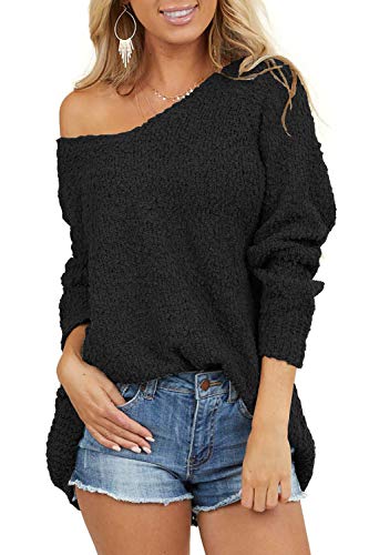 Yanekop Womens V Neck Fuzzy Knit Sweater Sherpa Fleece Off Shoulder Pullover Jumper(Black,L)