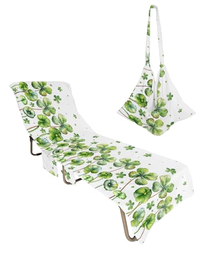 Green Lucky Clovers St. Patrick's Day Beach Lounge Chair Towel Cover, Soft Chaise Lounge Towel with Side Pockets Patio Pool Chairs Cover for Beach/Pool Sunbathing 29x85 Spring Summer Botanical