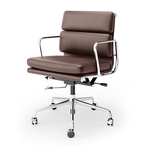 Image of Genuine Leather Office Chair, Padded Mid Back Ergonomic Executive Desk Chair with Aluminum Arm Rest and Base, Swivel Wheels with Lumbar Support & Tilting Function, Hight Adjustable Dark Brown